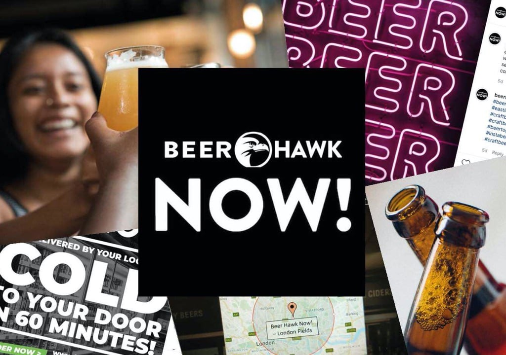 Beer Hawk NOW branding with beer bottles, a map and people drinking 
