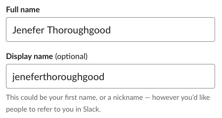 Slack interface showing full name and display name 
