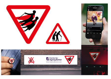 Redesigned old person road sign that shows old people as superheroes. 