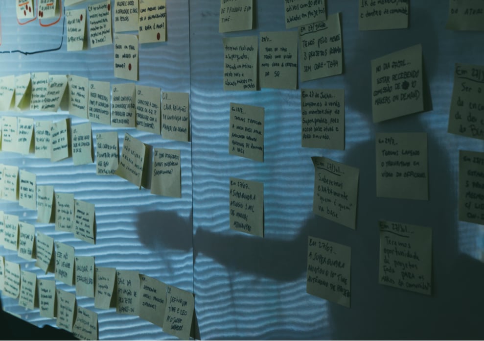 Sticky notes on a whiteboard with the shadow of a person in front. 