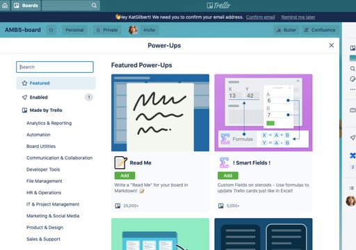Screen showing different available Trello power ups 