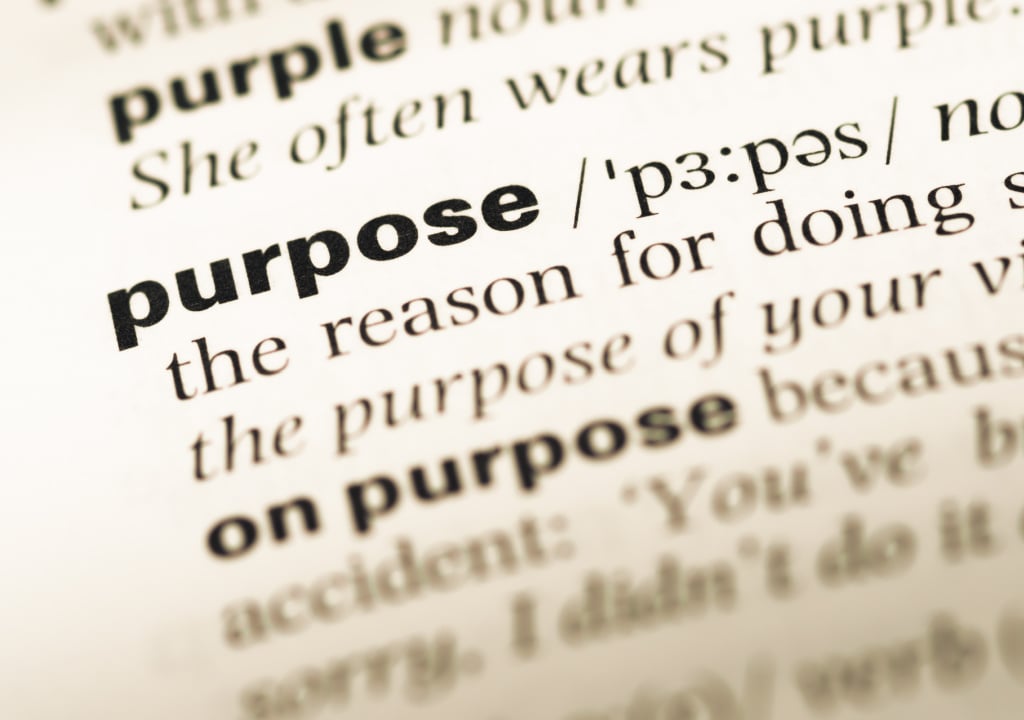 an old dictionary page with focus on the word ‘purpose’ and its definition.
