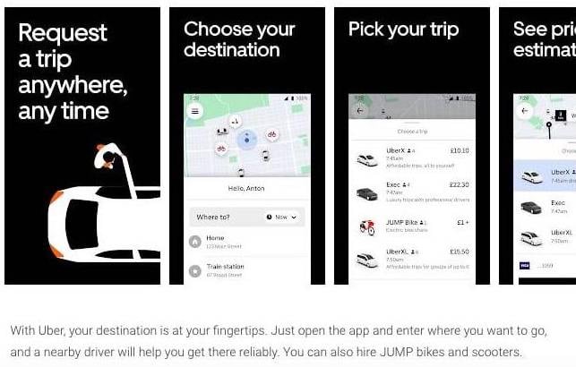 Uber app download, showing the taglines ‘request a trip, anywhere, anytime’ and ‘your destination is at your fingertips’ 